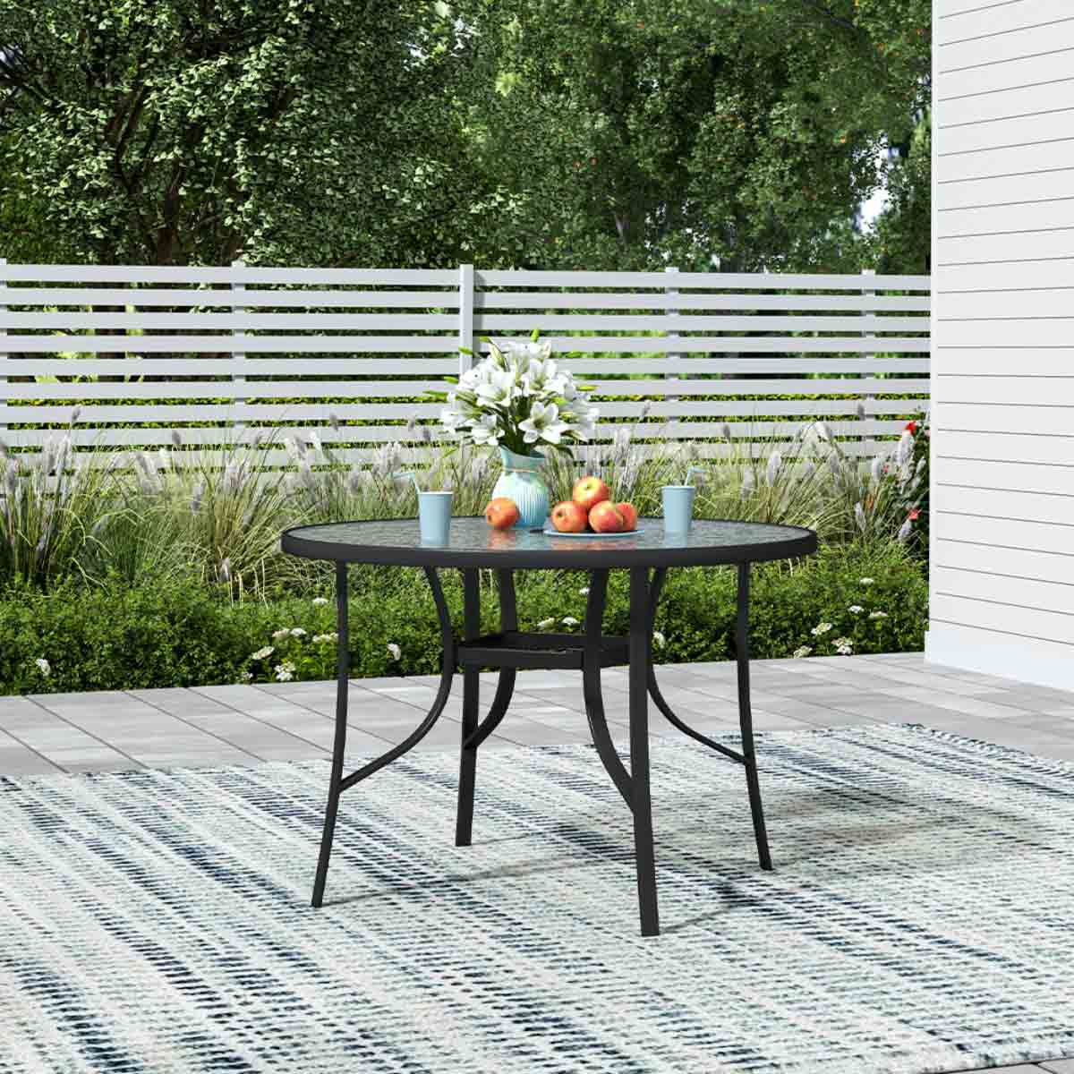 glass patio table with umbrella hole uk 105CM Wide Square Glass-Top Outdoor Dining Parasol  Garden Sanctuary this outdoor dining table withstands the elements for years of quality use 86 cm Patio Dining Table